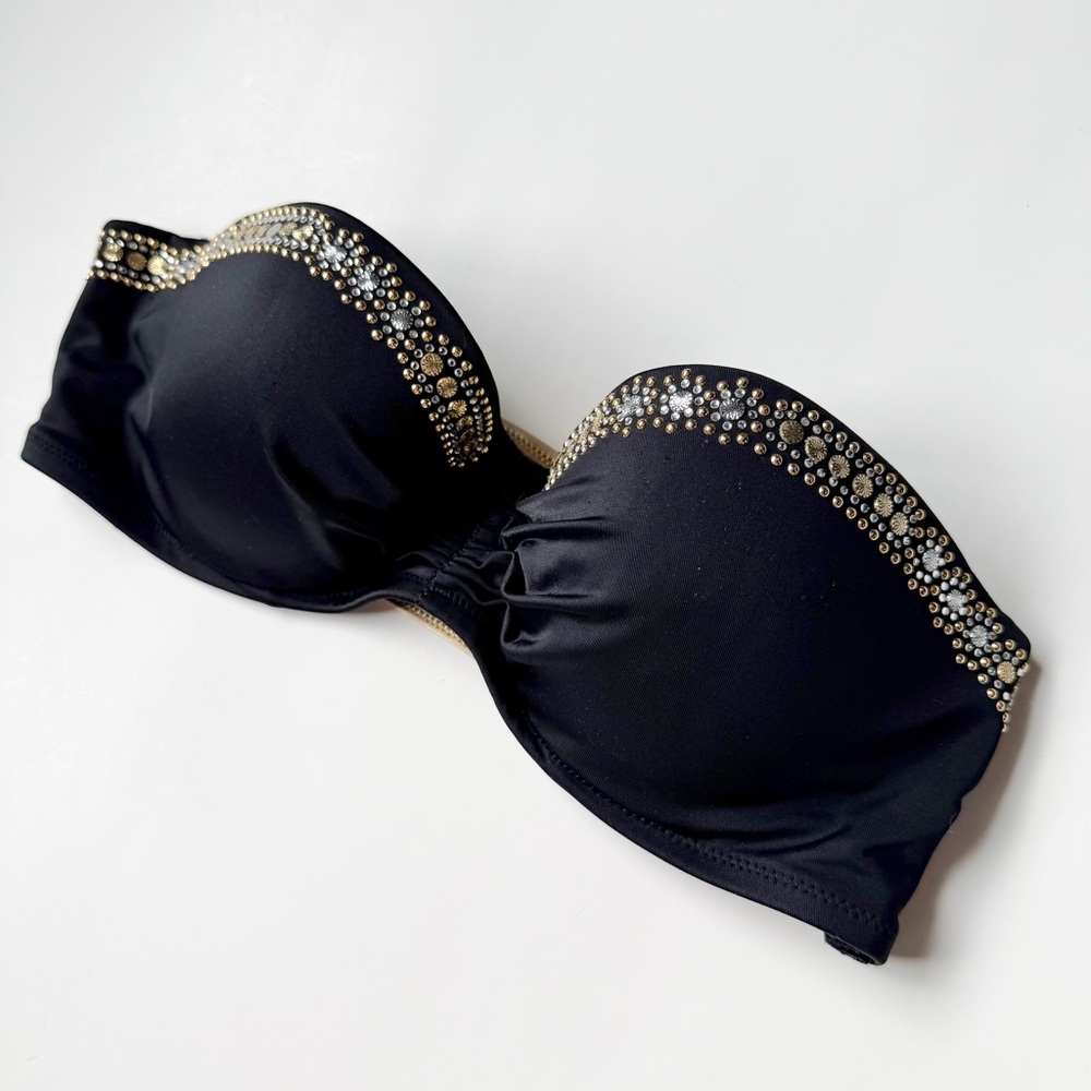 Victoria’s Secret Push-Up Bikini Top 34C Black Rhinestone Studded Y2K Swim